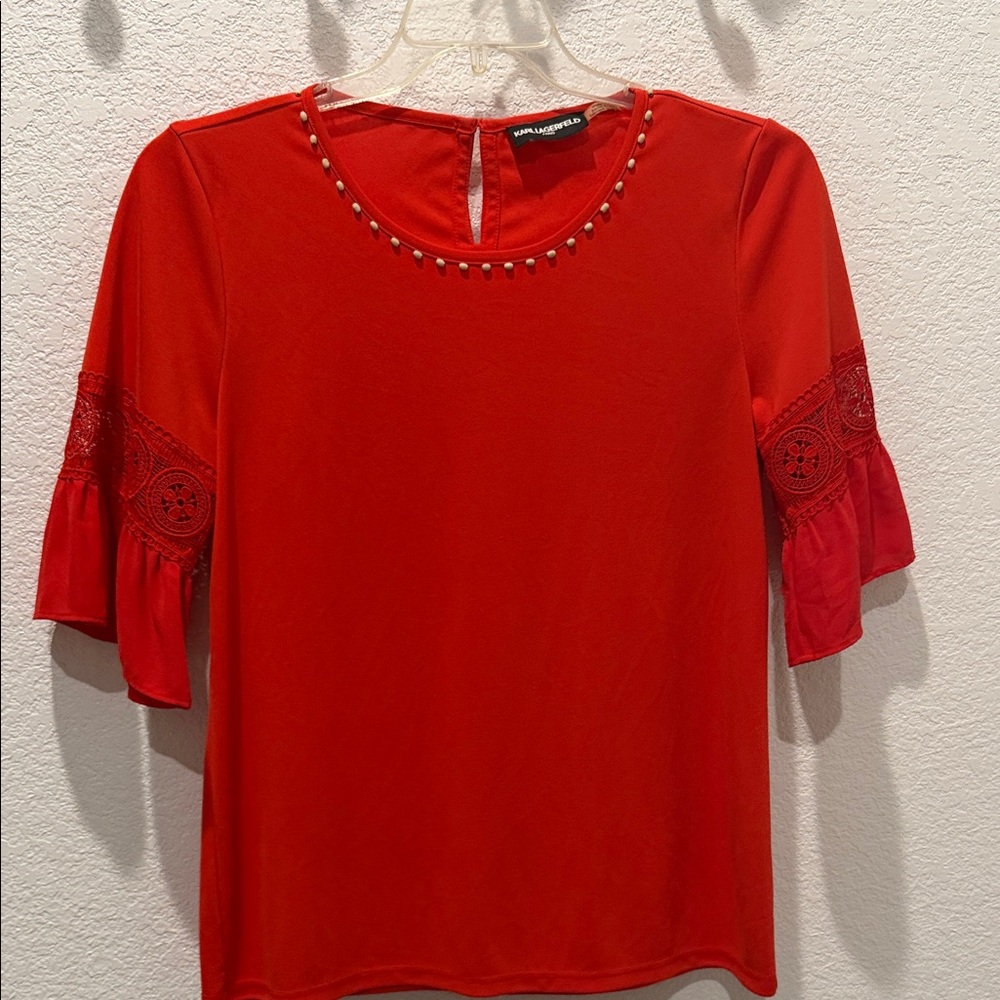 Karl Lagerfeld Red Women's Top with Lace Sleeves